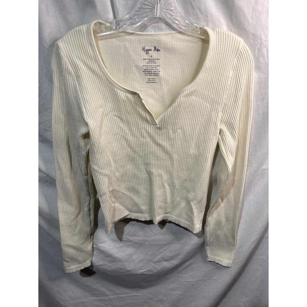 Hippie Rose Cream Ribbed Metallic Shimmer Notched Neck Long Sleeve Top HF4K23612